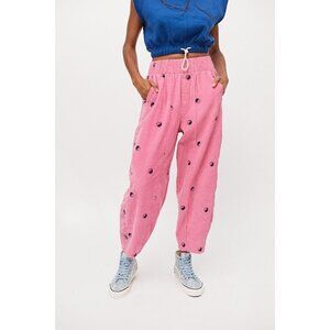 BDG Womens Zaria Pant Sz S Boho Pink Corduroy High Waist Embroidered Peace Signs